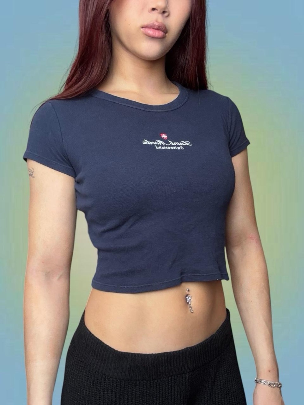 Brandy Melville Navy Cropped Logo Tee